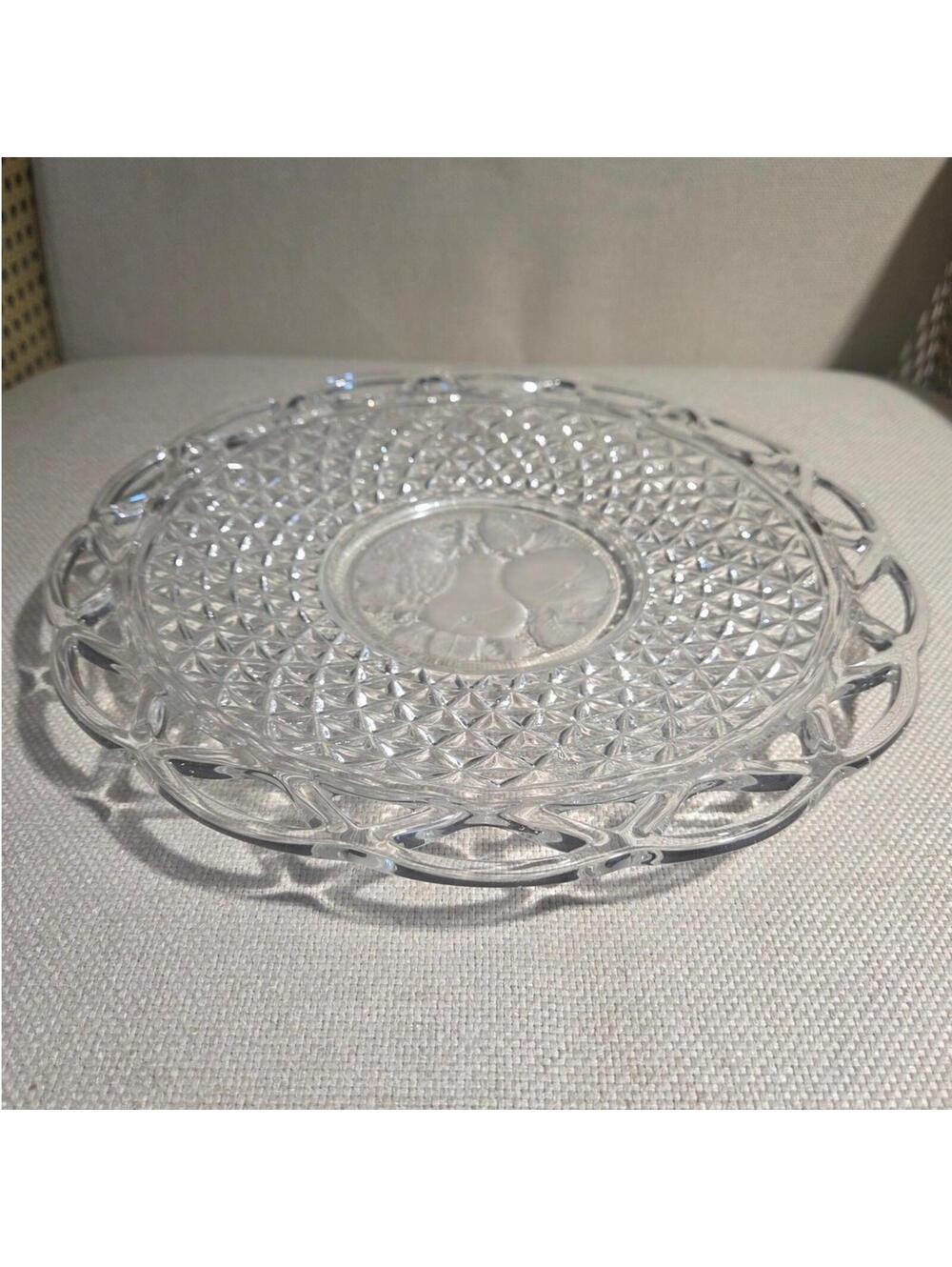 Vintage Imperial Glass Lace Edge 10.5" Sandwich Plate Frosted Fruit Center Clear